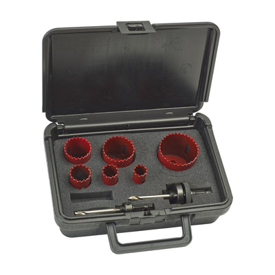 ITM Plumber's Hole Saw Kit, 8 piece, open case showing six bi-metal hole saws and two arbors