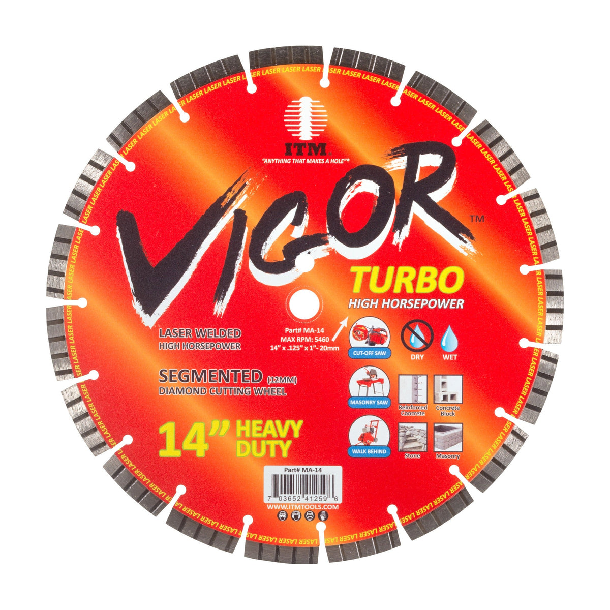ITM Vigor Turbo 14 inch heavy duty segmented diamond cutting wheel, part KS-14