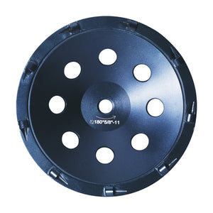 ITM 7 inch PCD cup wheel, face view showing the 180 x 5/8-11 hub marking and 9 PCD segments, part PCD-70T