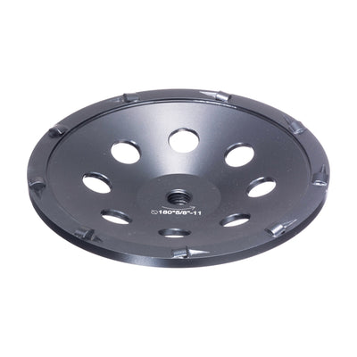 ITM 7 inch PCD cup wheel, 5/8-11 threaded hub, 9 PCD segments, angled view, part PCD-70T