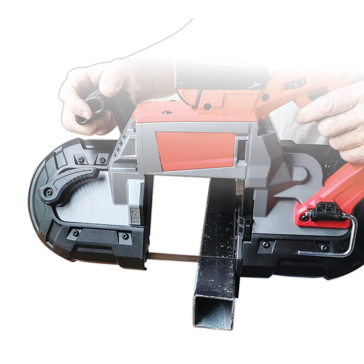 Portable band saw cutting steel tube with an ITM bi-metal blade