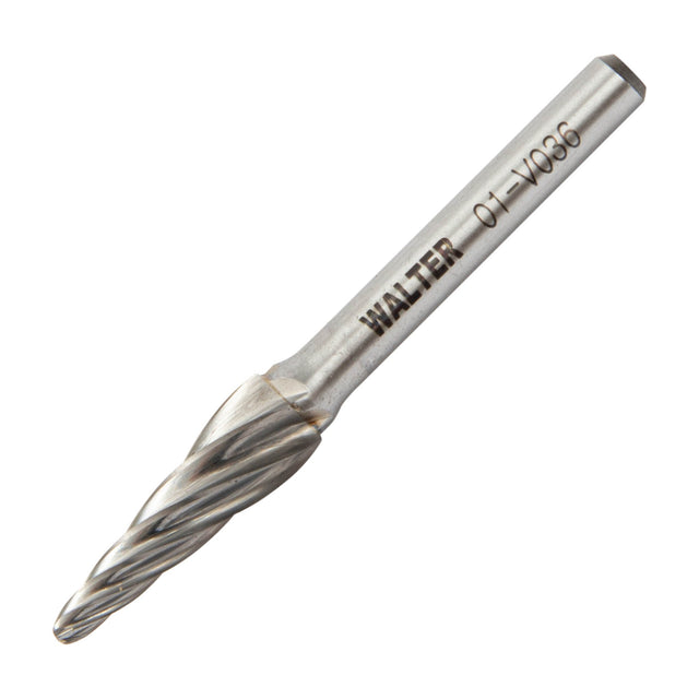 Walter 3/8 inch cone, 14° carbide burr, aluminum / non-ferrous cut, part 01V036