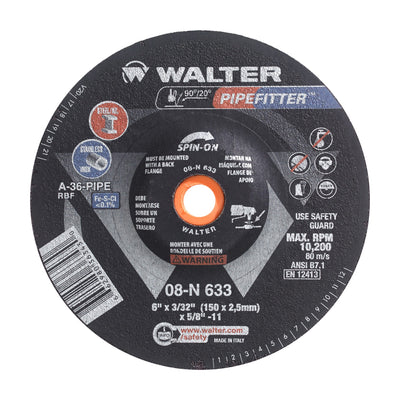 Walter 6 inch x 3/32 inch x 5/8 inch-11 PIPEFITTER Grinding Wheel, Type 27S Spin-On, part 08N633