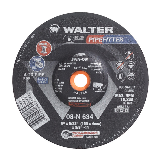 Walter 6 inch x 5/32 inch x 5/8 inch-11 PIPEFITTER Grinding Wheel, Type 27S Spin-On, part 08N634