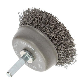 Walter 2-3/8 inch ALLSTEEL Crimped Wire Mounted Cup Brush, 1/4 inch Shank, .0118 inch Carbon Steel, part 09C018