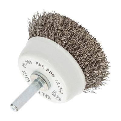 Walter 2-3/8 inch ALLSTEEL Crimped Wire Mounted Cup Brush, 1/4 inch Shank, .0118 inch Stainless Steel, part 09C068