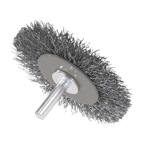 Walter 1-3/8 inch ALLSTEEL Crimped Wire Mounted Wheel Brush, 1/4 inch Shank, .008 inch Stainless Steel, part 09C160