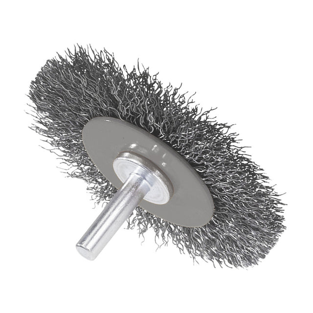 Walter 1-3/8 inch ALLSTEEL Crimped Wire Mounted Wheel Brush, 1/4 inch Shank, .008 inch Stainless Steel, part 09C160
