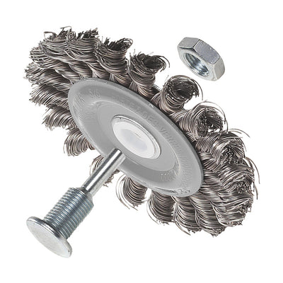 Walter 3 inch ALLSTEEL Double Sided Knot-Twisted Wire Mounted Wheel Brush, 3/8 inch Shank, .020 inch Carbon Steel, part 09C303