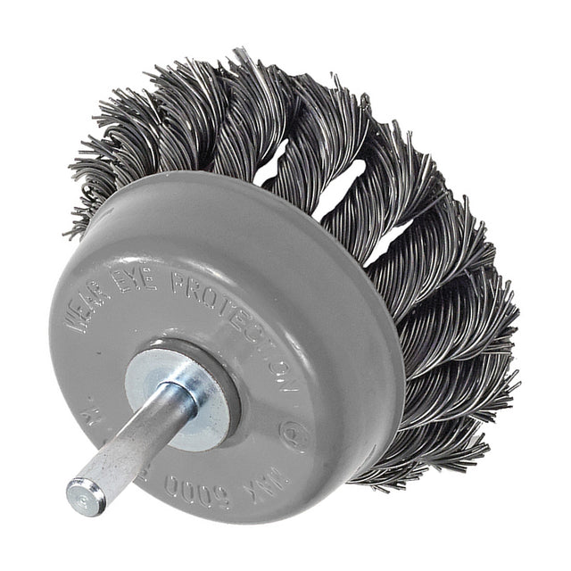 Walter 3 inch ALLSTEEL Knot-Twisted Wire Mounted Cup Brush, 1/4 inch Shank, .020 inch Carbon Steel, part 09C370