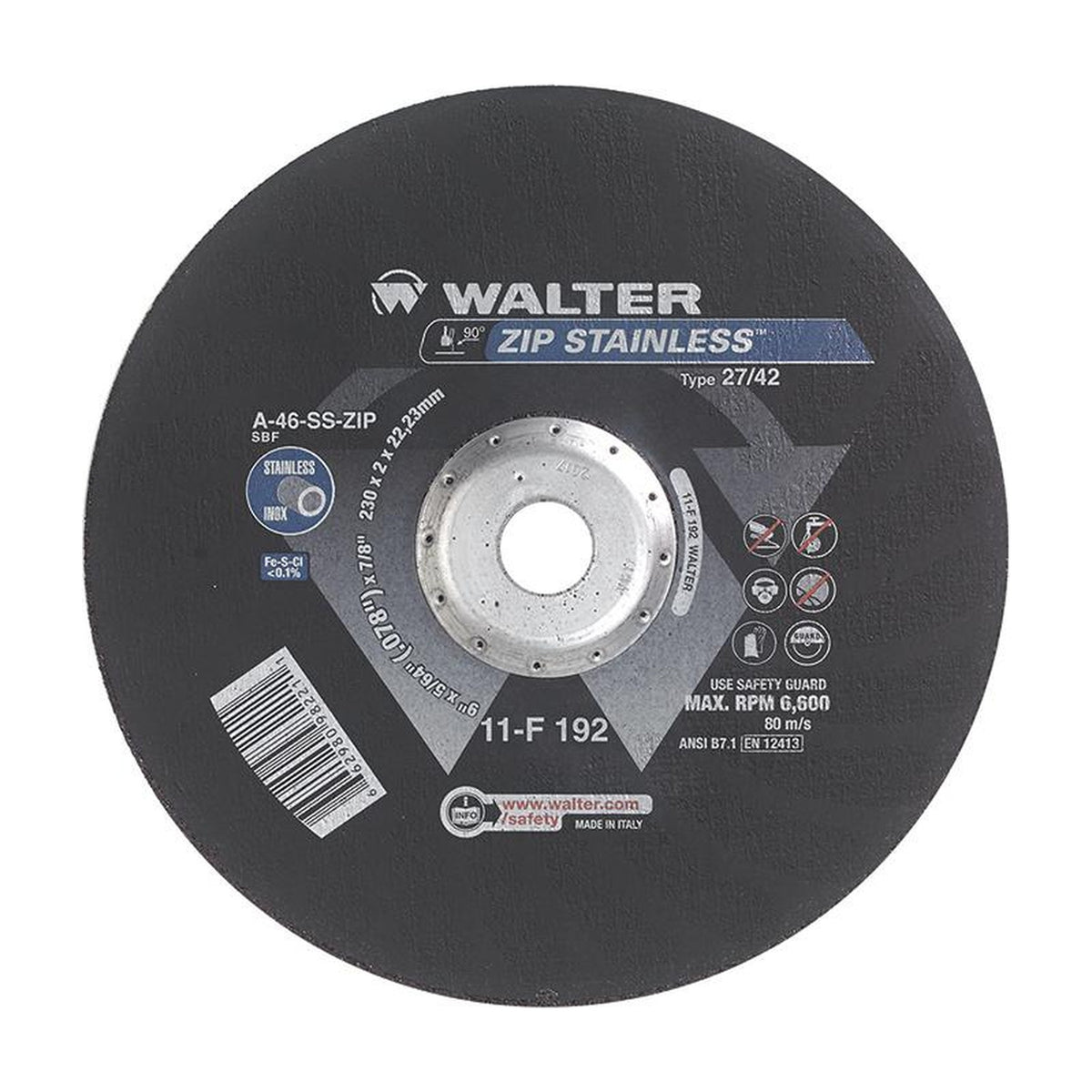 Walter 9 inch x 5/64 inch x 7/8 inch ZIP STAINLESS Cut-Off Wheel, Type 27, part 11F192