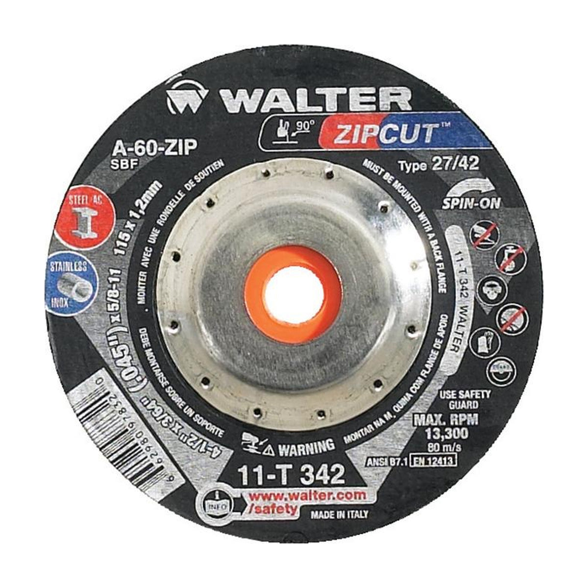 Walter 4-1/2 inch x 3/64 inch x 5/8 inch-11 ZIPCUT Cut-Off Wheel, Type 27S Spin-On, part 11T342