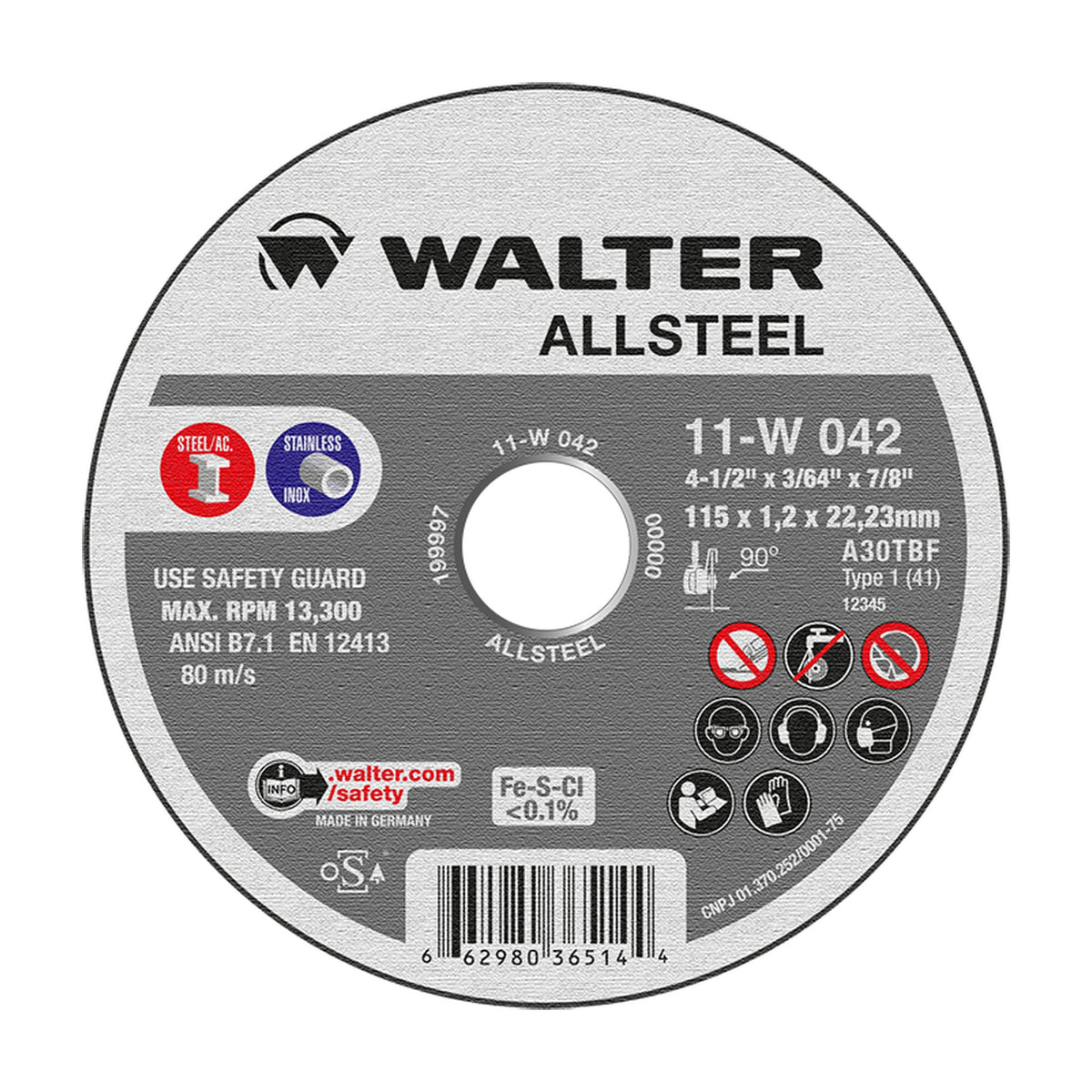 Walter 4-1/2 inch x 3/64 inch x 7/8 inch ALLSTEEL Cut-Off Wheel, Type 1, part 11W042