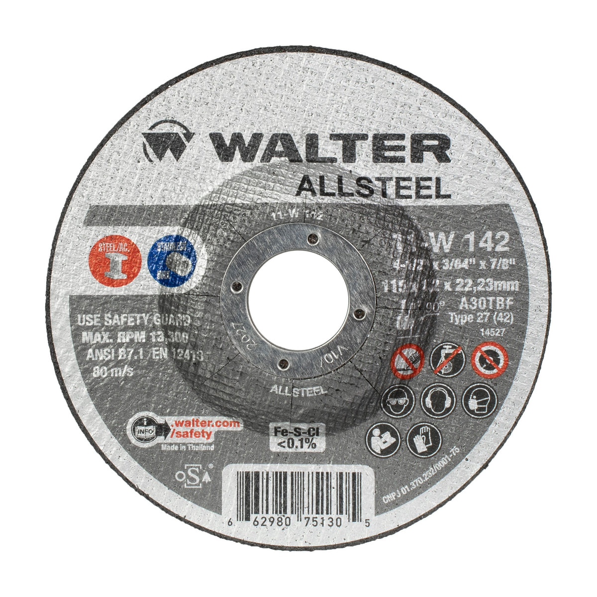 Walter 4-1/2 inch x 3/64 inch x 7/8 inch ALLSTEEL Cut-Off Wheel, Type 27, part 11W142