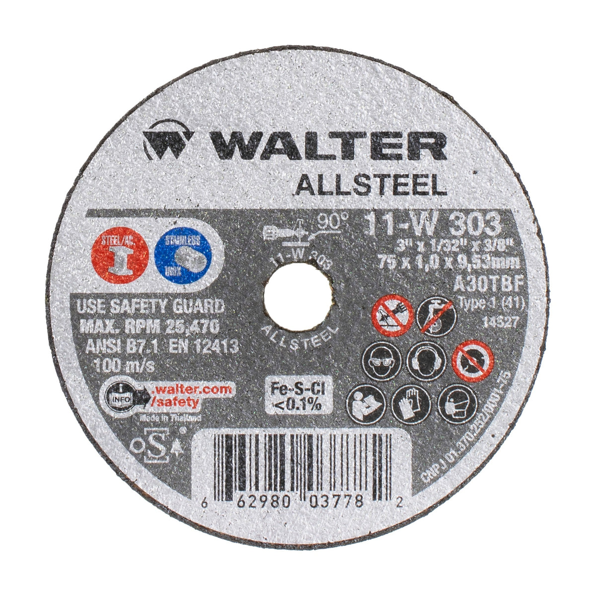 Walter 3 inch x 1/32 inch x 3/8 inch ALLSTEEL Cut-Off Wheel, Type 1, part 11W303