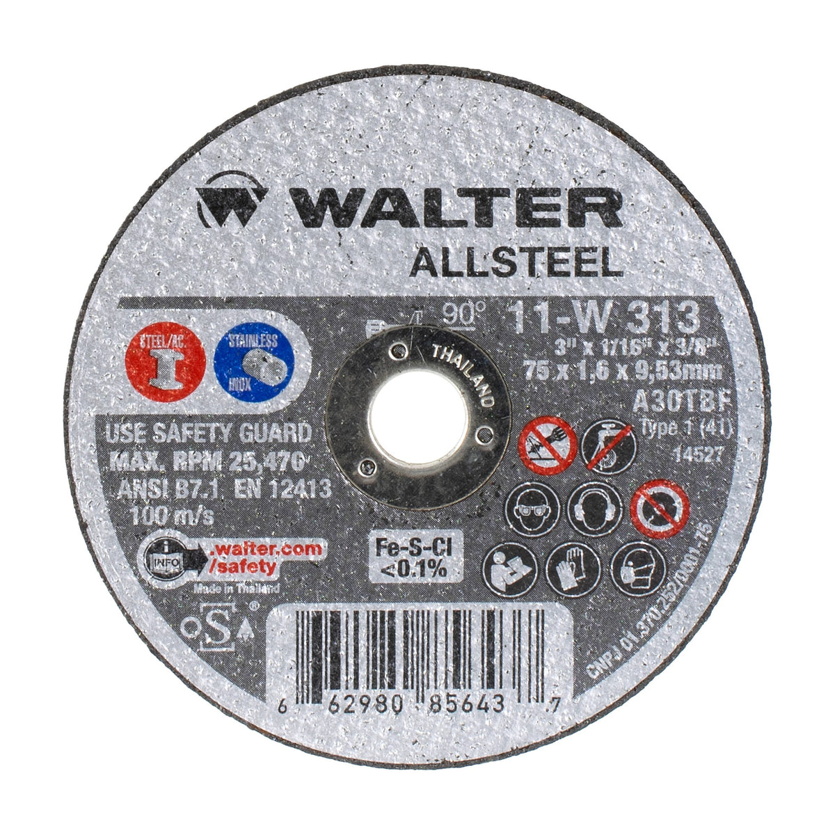 Walter 3 inch x 1/16 inch x 3/8 inch ALLSTEEL Cut-Off Wheel, Type 1, part 11W313