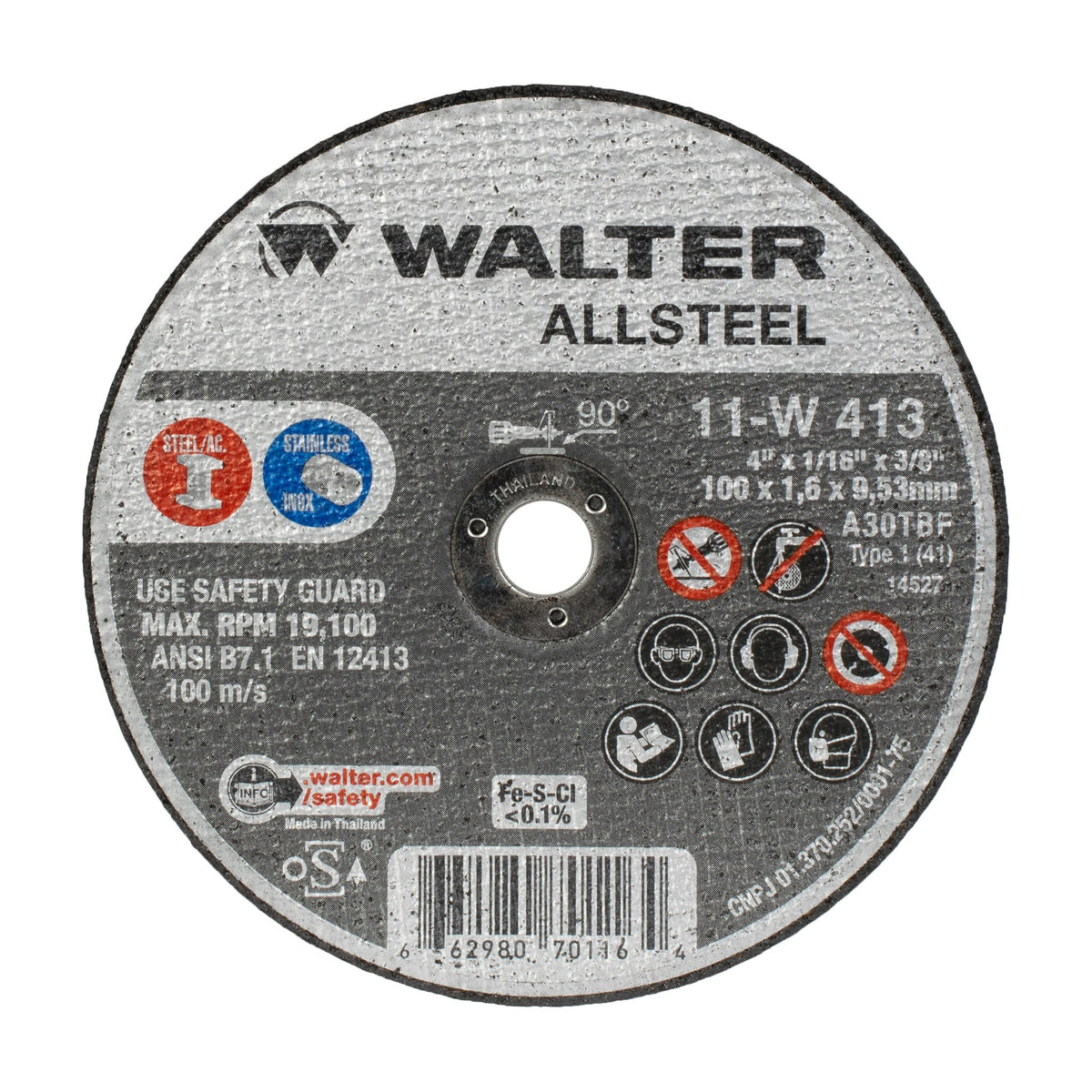 Walter 4 inch x 1/16 inch x 3/8 inch ALLSTEEL Cut-Off Wheel, Type 1, part 11W413