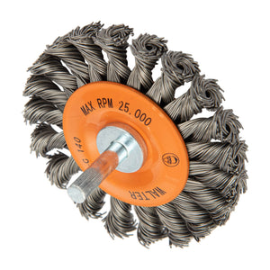 Walter 2-3/4 inch x 3/8 inch Knot-Twisted Wire Mounted Wheel Brush, 1/4 inch Shank, .020 inch Carbon Steel, 20 Knots, part 13C140