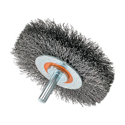 Walter 3 inch x 3/4 inch Crimped Wire Mounted Wheel Brush, 1/4 inch Shank, .0118 inch Stainless Steel, part 13C175