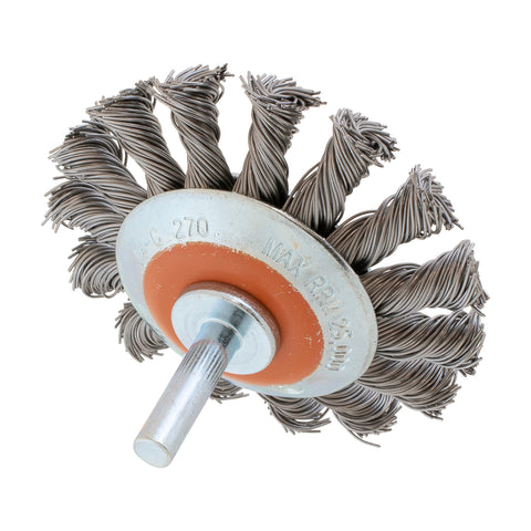 3" Knot-Twisted Wire Mounted Saucer Cup Brush, 1/4" Shank, .020" Stainless Steel