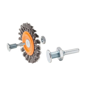Walter 3 inch Double Sided Knot-Twisted Wire Mounted Wheel Brush, 3/8 inch Shank, .0118 inch Carbon Steel, part 13C303