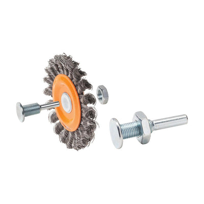 Walter 3 inch Double Sided Knot-Twisted Wire Mounted Wheel Brush, 3/8 inch Shank, .0118 inch Carbon Steel, part 13C303
