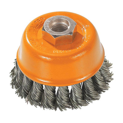 Walter 3 inch x M14 x 2.0 Knot-Twisted Wire Cup Brush, .015 inch Carbon Steel, part 13F302