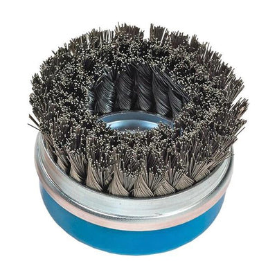 Walter 5 inch x 5/8 inch-11 Knot-Twisted Wire Cup Brush, .020 inch Stainless Steel, Double Row with Ring, 30 mm Trim, part 13G584