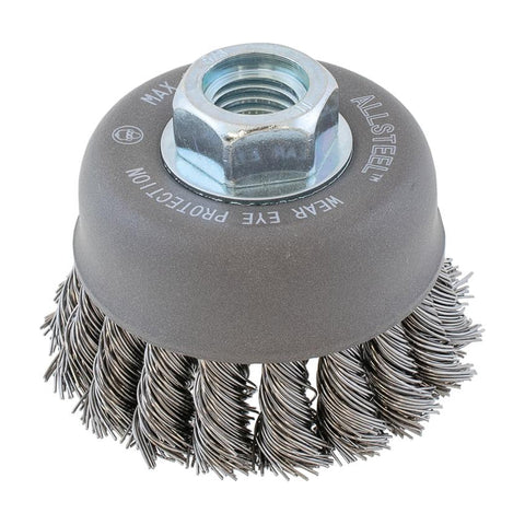 3" x 5/8"-11 ALLSTEEL Knot-Twisted Wire Cup Brush, .020" Carbon Steel