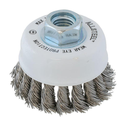 3" x 5/8"-11 ALLSTEEL Knot-Twisted Wire Cup Brush, .020" Stainless Steel