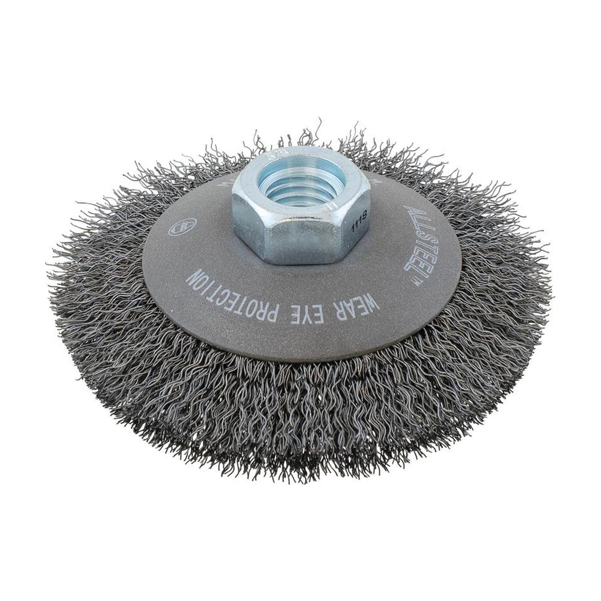 Walter 4 inch x 5/8 inch-11 ALLSTEEL Crimped Wire Saucer Cup Brush, .0118 inch Carbon Steel, part 13W431