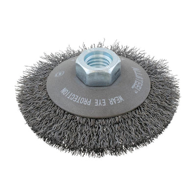 Walter 4 inch x 5/8 inch-11 ALLSTEEL Crimped Wire Saucer Cup Brush, .0118 inch Carbon Steel, part 13W431