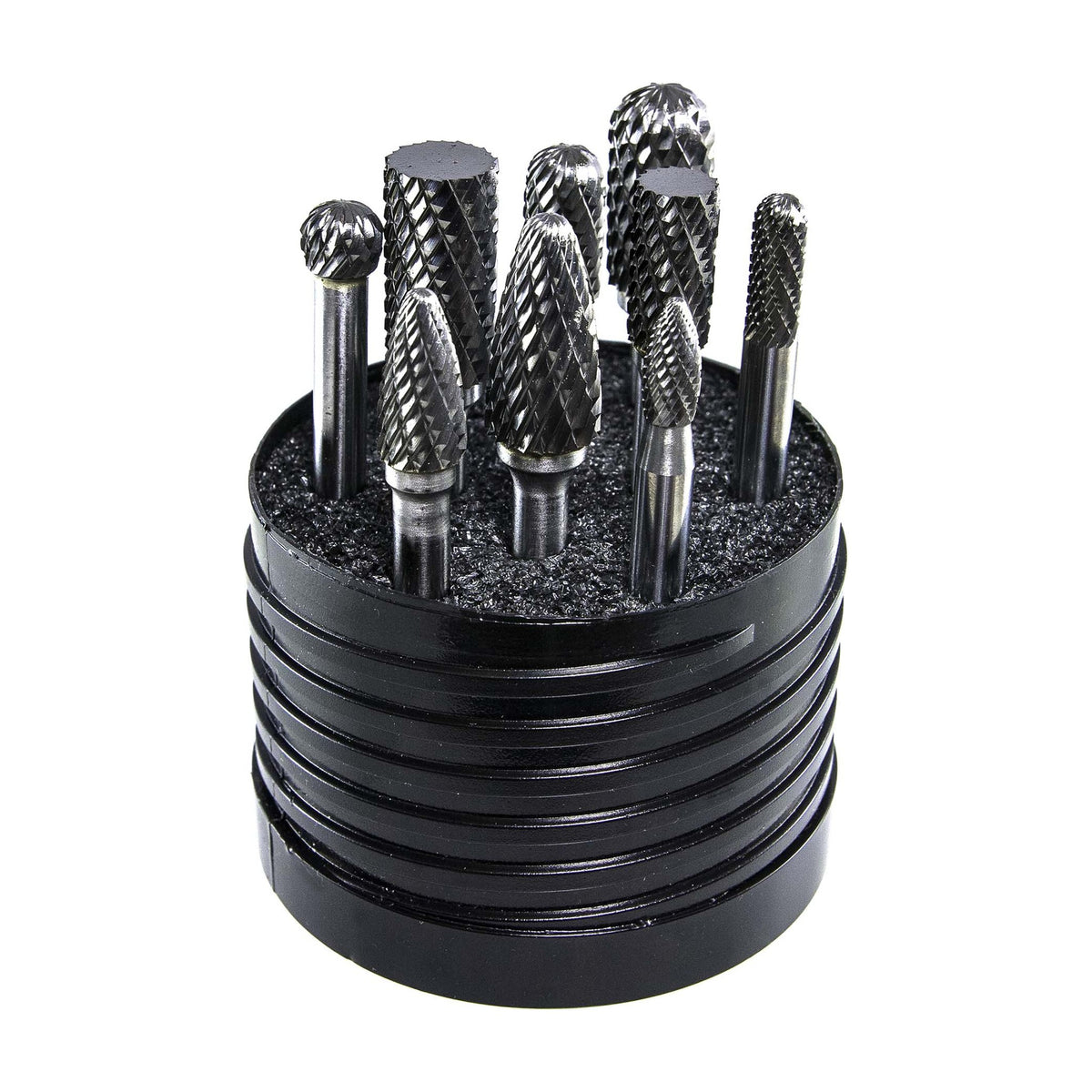 Drillco carbide burr set in its case, part 70S001DC