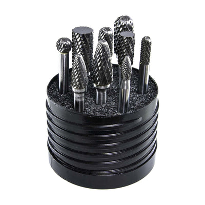Drillco carbide burr set in its case, part 70S001DC