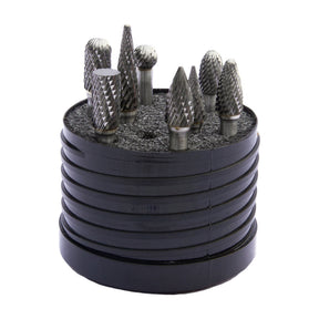 Drillco carbide burr set in its case, part 70S002SC