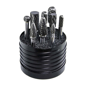 Drillco carbide burr set in its case, part 70S004DC