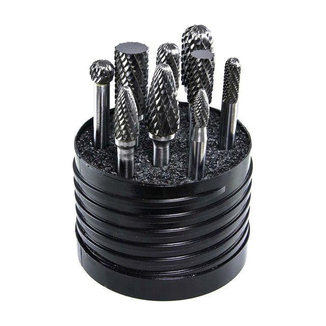 Drillco carbide burr set in its case, part 70S007DC