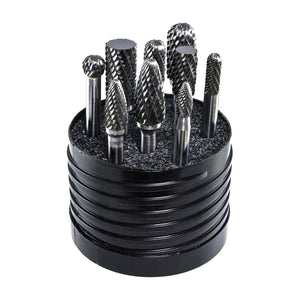 Drillco carbide burr set in its case, part 70S007SC