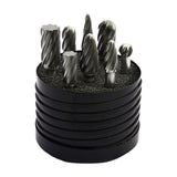 Drillco Carbide Burr Set No. 10, 8 Piece, 3/8" to 1/2" Burrs, 1/4" Shank, Aluminum Cut