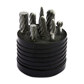 Drillco carbide burr set in its case, part 70S010NF