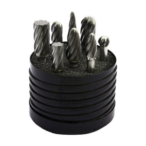 Drillco carbide burr set in its case, part 70S010NF