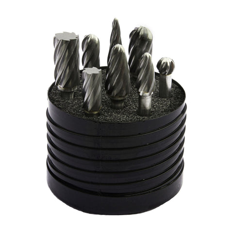 Drillco Carbide Burr Set No. 10, 8 Piece, 3/8" to 1/2" Burrs, 1/4" Shank, Aluminum Cut