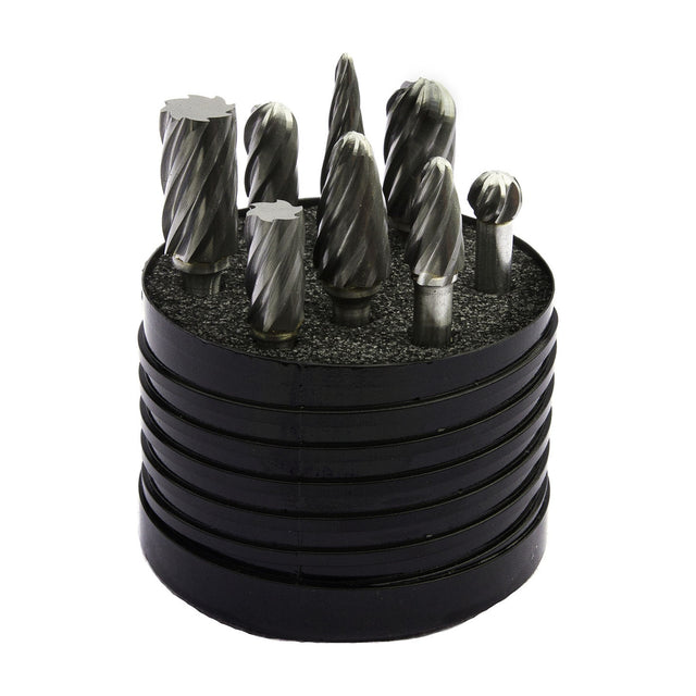 Drillco carbide burr set in its case, part 70S010NF