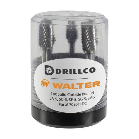 Drillco Carbide Burr Set No. 11, 5 Piece, 1/2" Burrs, 1/4" Shank, Double Cut